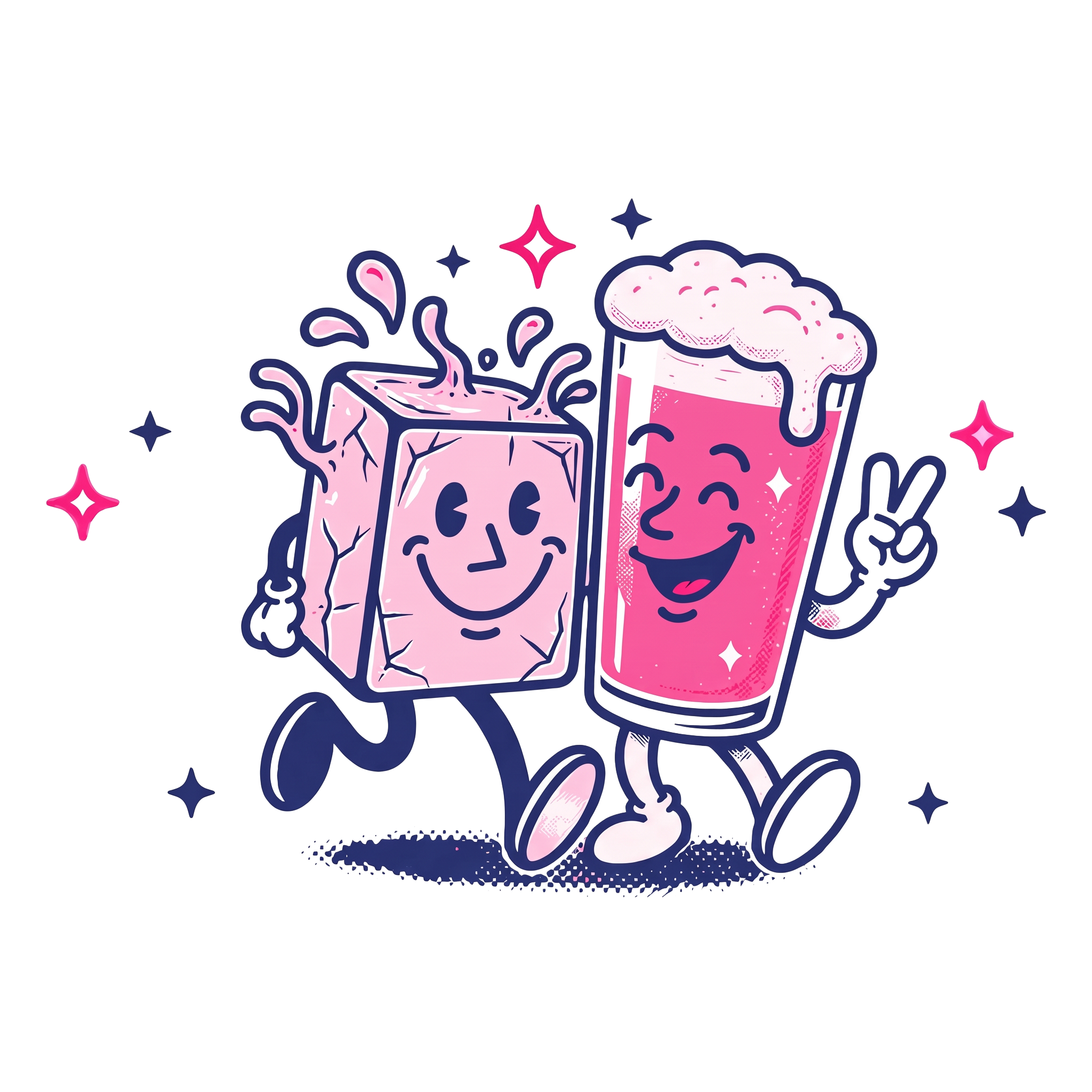 Cartoon ice cube and pink drink characters arm in arm